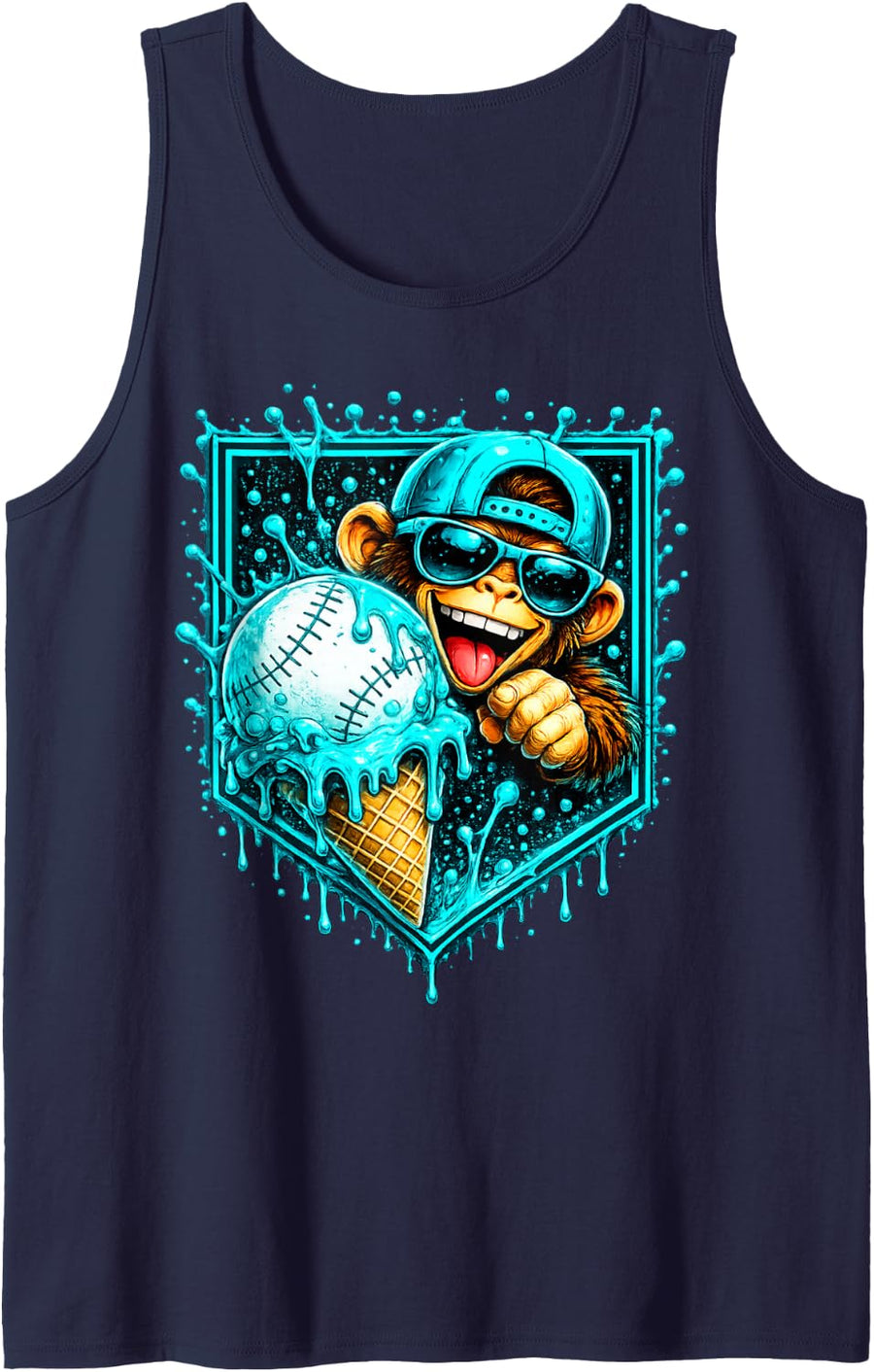 Monkey Funny Animals Baseball Ice Cream Drip Cool Tank Top - Navy Blue