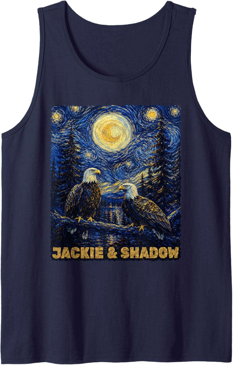 Jackie and Shadow Eagle Starry Night Van Gogh Art Eagles Sleeveless Tank Top - Navy Blue
