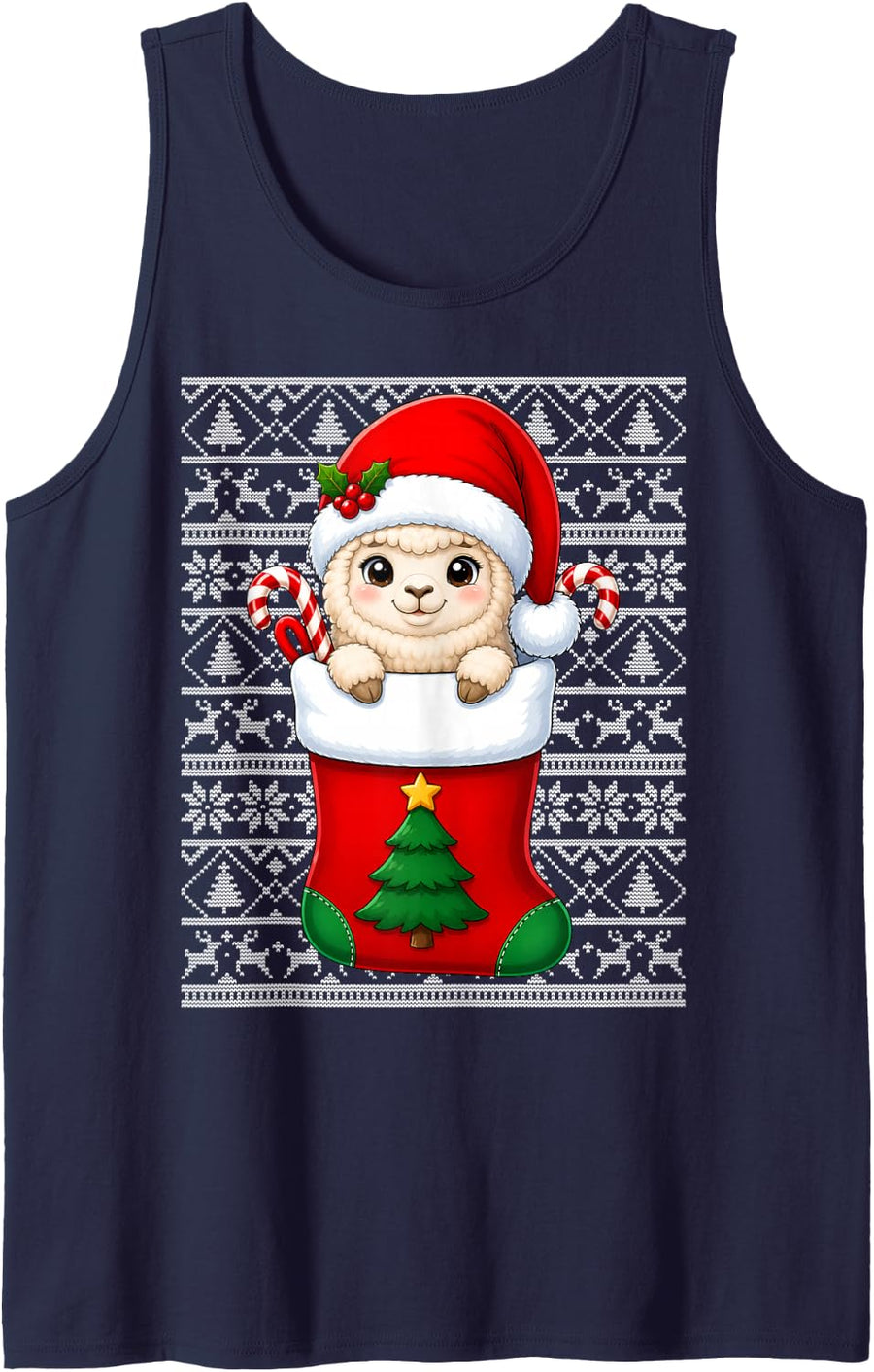 Llama Alpaca in Christmas Socks Cute Animal Ugly Xmas Tank Top - Navy Blue
