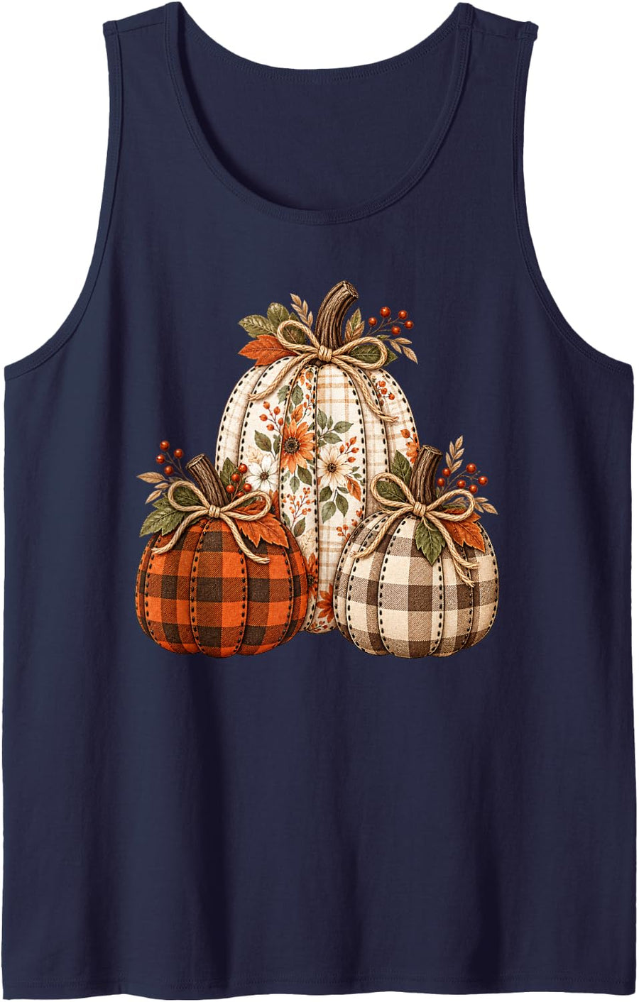 Rustic Fall Plaid Pumpkins Autumn Harvest Thanksgiving Sleeveless Tank Top - Navy Blue