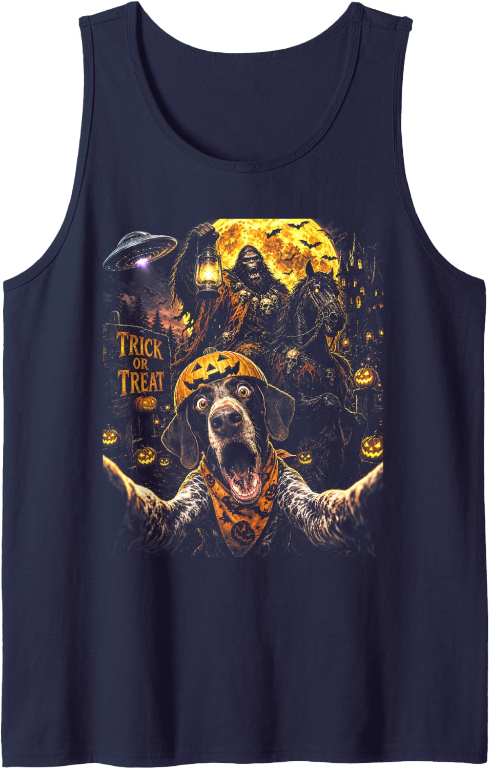Halloween German Shorthaired Pointer Bigfoot UFO Trick Or Sleeveless Tank Top - Navy Blue