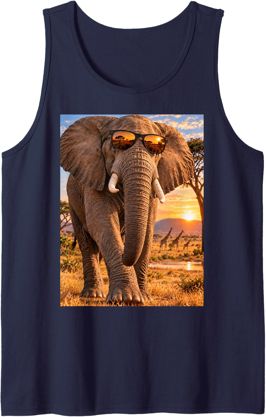 Elephant Wearing Sunglasses in Africa Funny Graphic Sleeveless Tank Top - Navy Blue