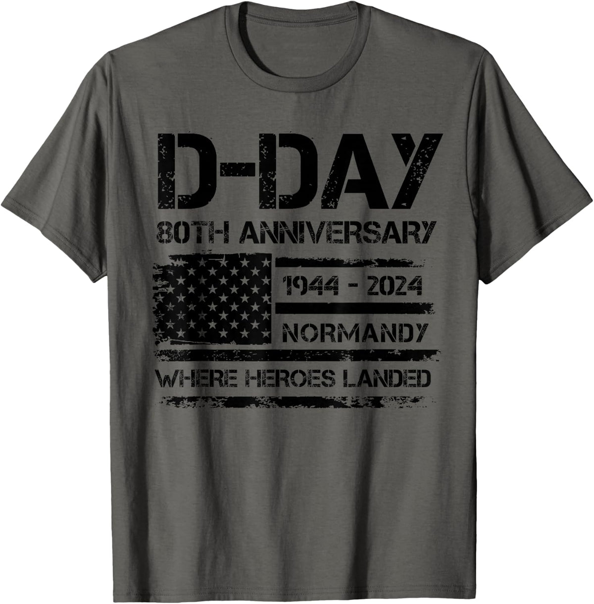 D-Day 80th Anniversary USA Flag Veteran Military Souvenir T-Shirt - Asphalt Grey