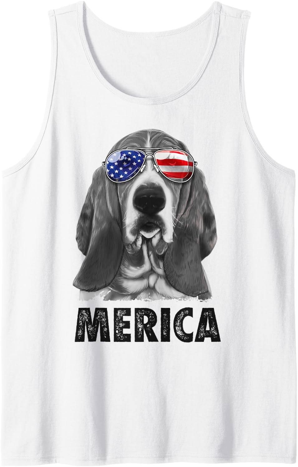 Basset Hound 4th of July Merica Men American Flag Sunglasses Tank Top - White