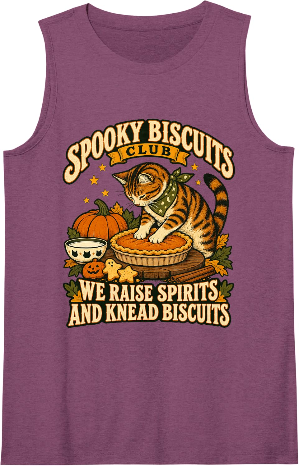 Spooky Biscuits Club - Halloween Cat Kneading Pumpkin Pie Sleeveless Tank Top - Purple