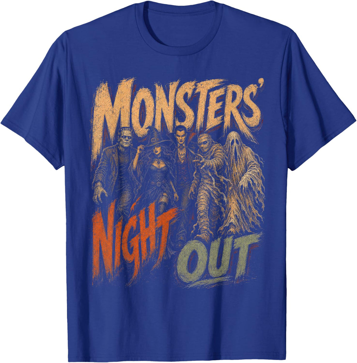 Funny Monsters Night Out Halloween Classic Monster Squad T-Shirt - Royal Blue