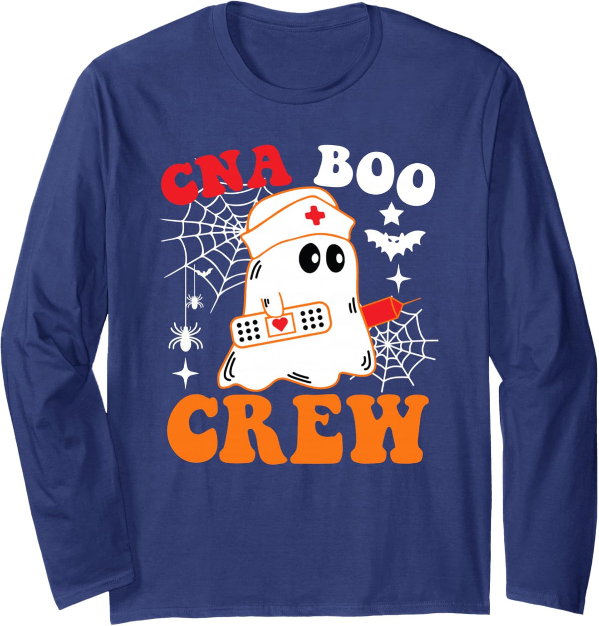 CNA Boo Crew Funny Nurse Ghost Halloween Costume Long Sleeve T-Shirt - Adult Unisex Navy Blue