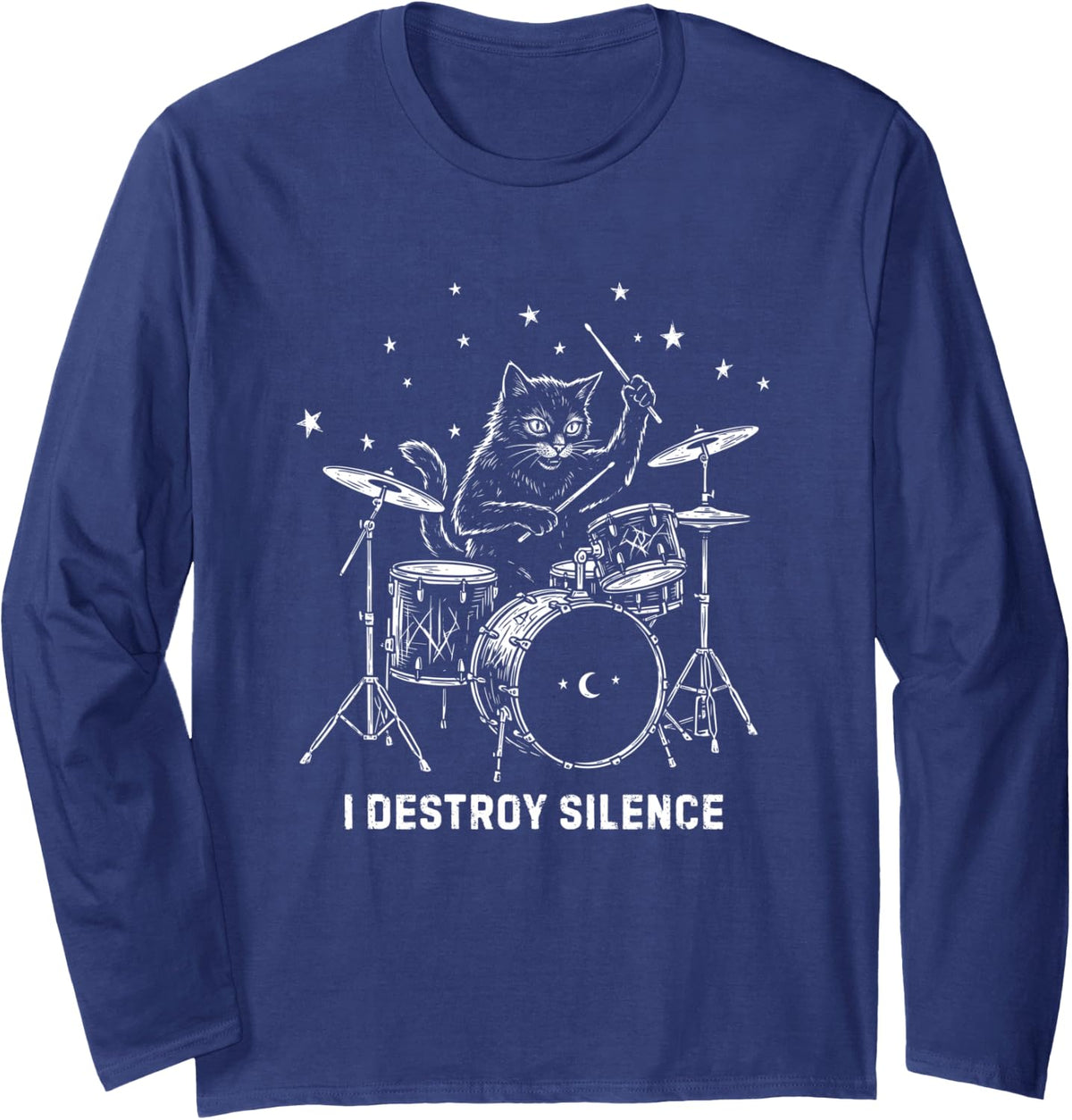 Black Cat Playing Drums Vintage Gothic Rock Musician Graphic Long Sleeve T-Shirt - Adult Unisex Navy Blue