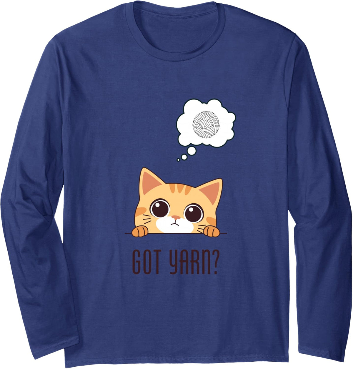 Got Yarn? Cute Tabby Cat for Knitters & Crocheters Long Sleeve T-Shirt - Adult Unisex Navy Blue