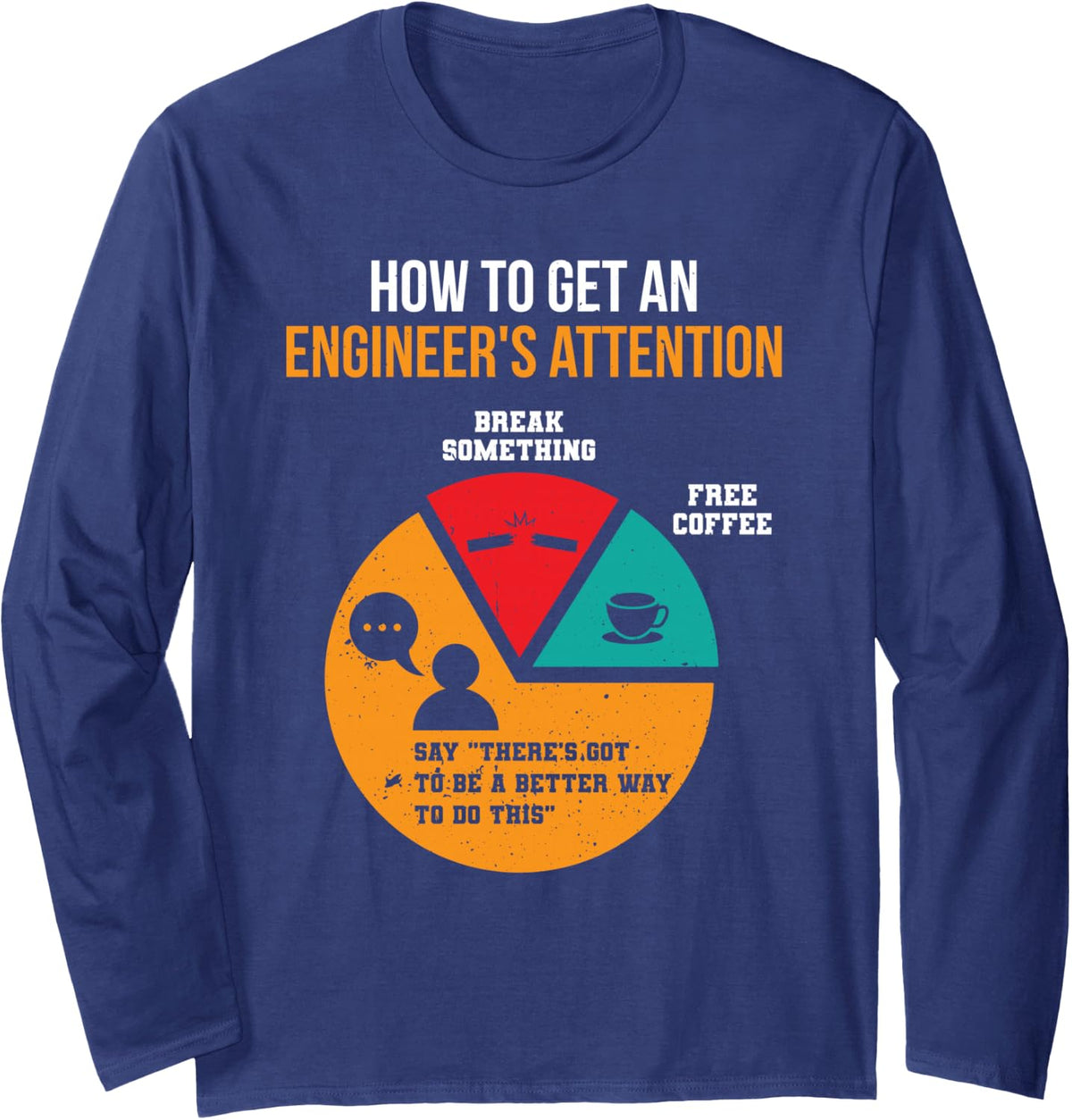 How To Get Engineer's Attention Pie Chart Funny Engineer Long Sleeve T-Shirt - Adult Unisex Navy Blue