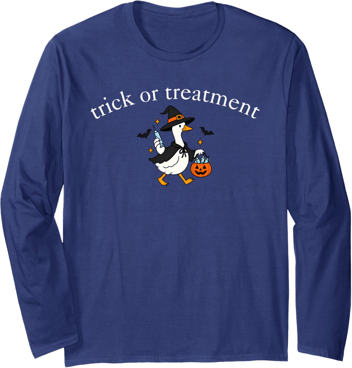Duck Trick Or Treatmen Spooky Medical Nurse Ghost Halloween Long Sleeve T-Shirt - Adult Unisex Navy Blue