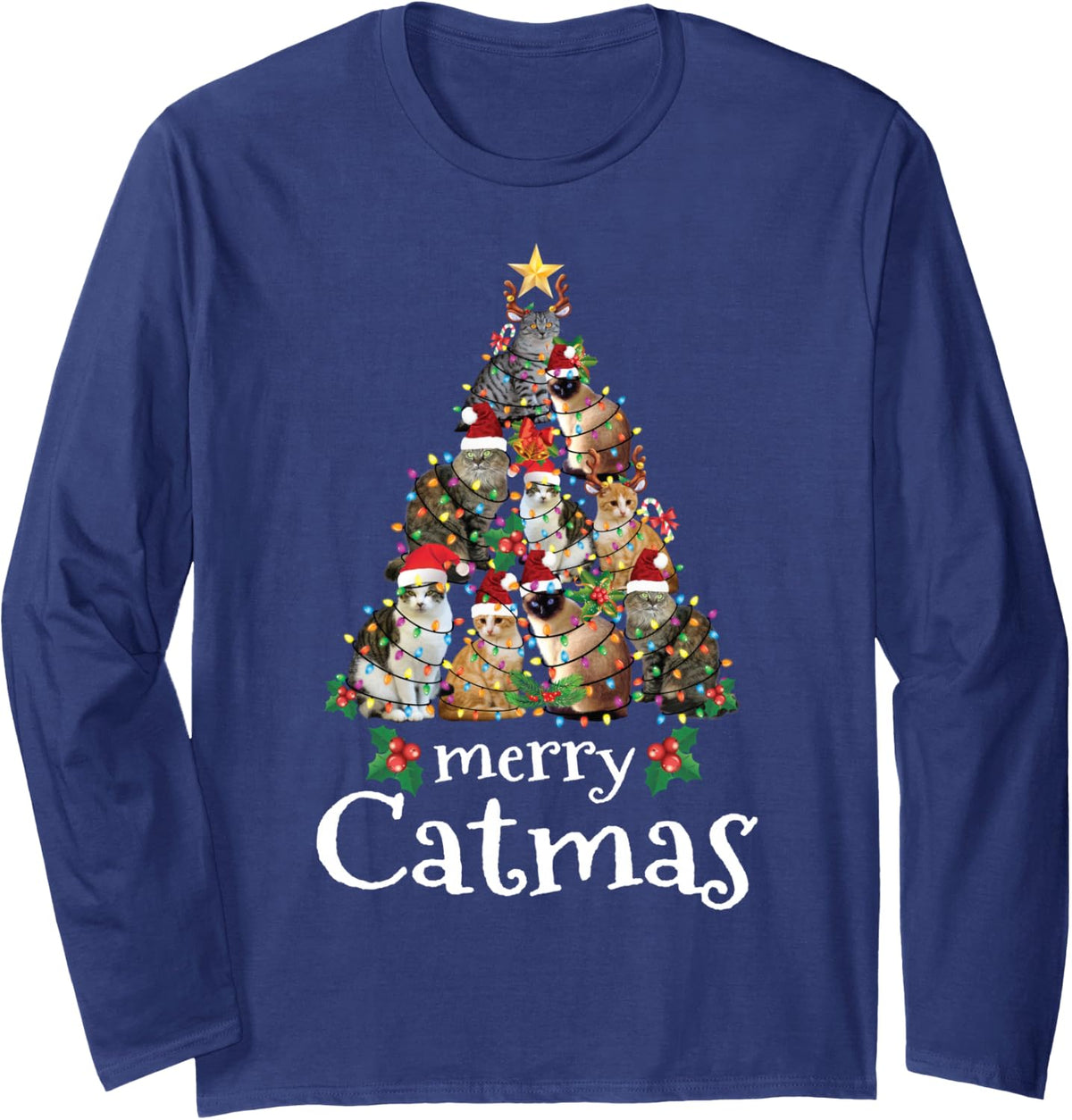 Merry Catmas Funny Cat Mom Cat Dad Christmas Cat Long Sleeve T-Shirt - Adult Unisex Navy Blue