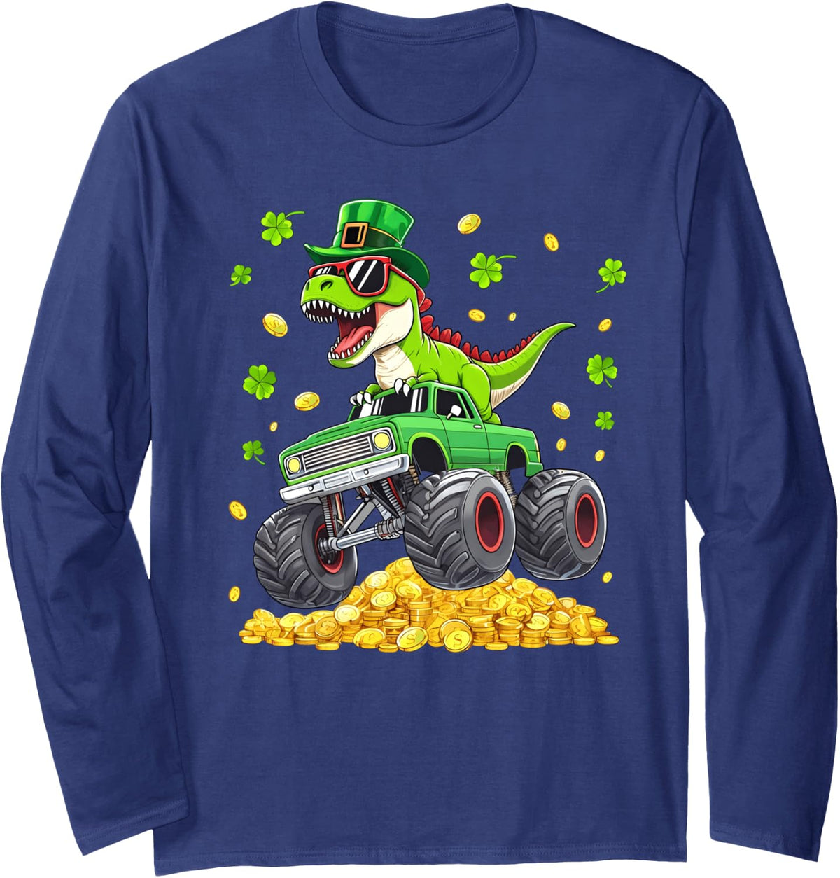 St Patricks Day Dinosaur T-rex Monster Truck Pattys Boy Men Long Sleeve T-Shirt - Adult Unisex Navy Blue