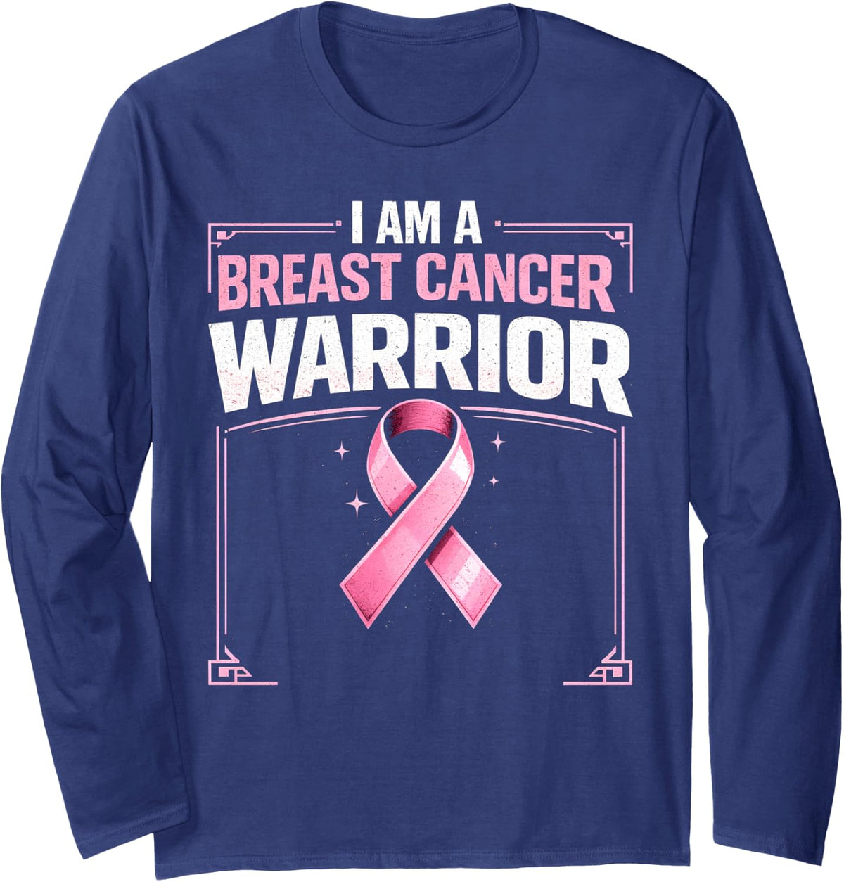 Warrior Survivor Breast Cancer Awareness Ribbon Fighter Long Sleeve T-Shirt - Adult Unisex Navy Blue