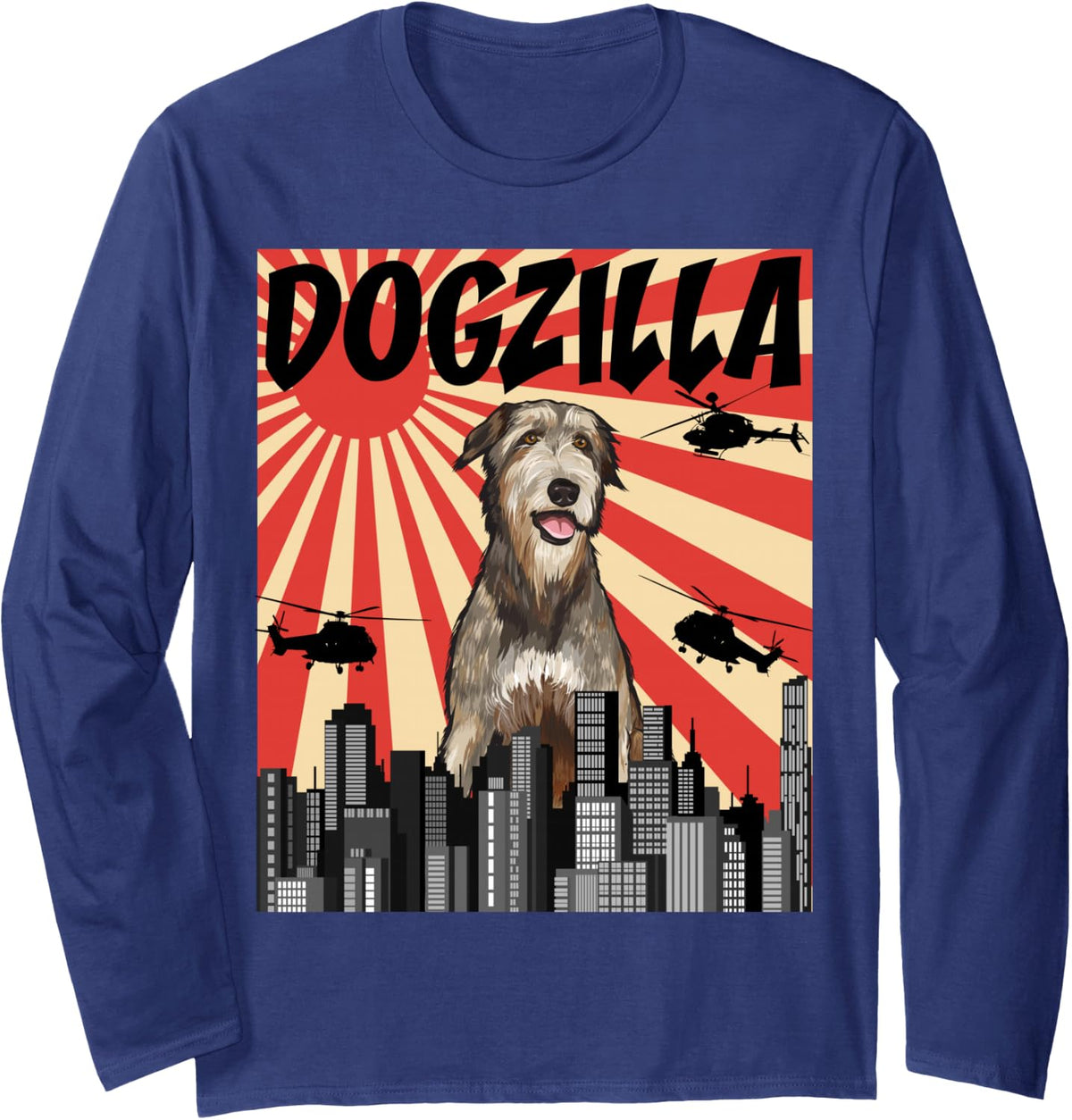 Funny Retro Japanese Dogzilla Irish Wolfhound Long Sleeve T-Shirt - Adult Unisex Navy Blue