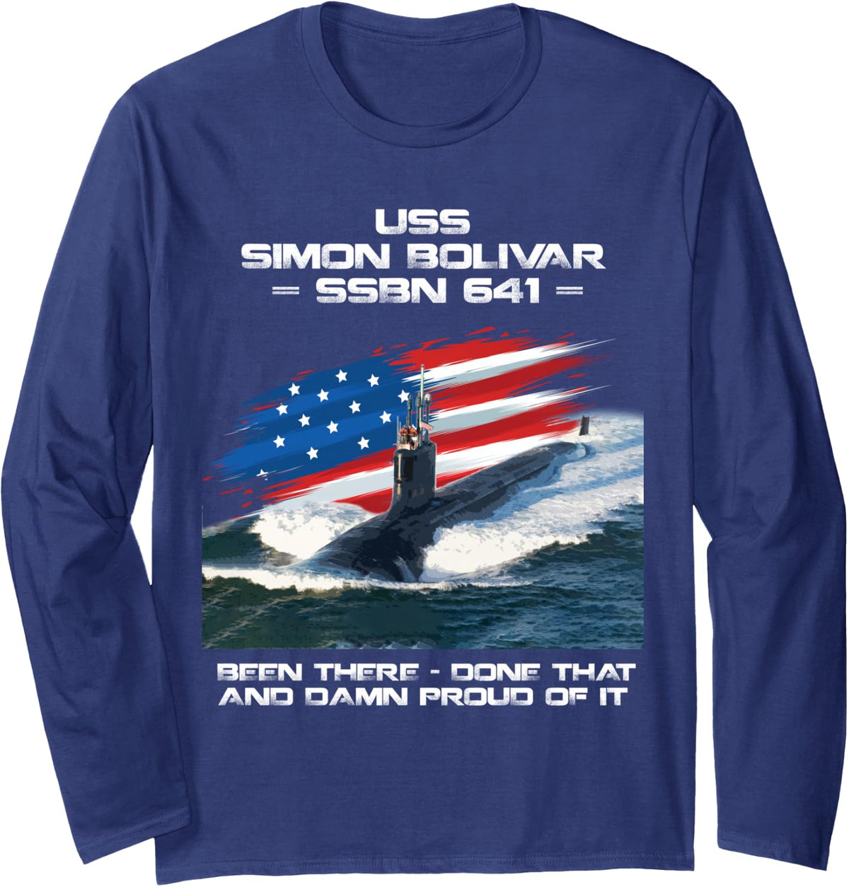 USS Simon Bolivar SSBN-641 American Flag Submarine Veteran Long Sleeve T-Shirt - Adult Unisex Navy Blue