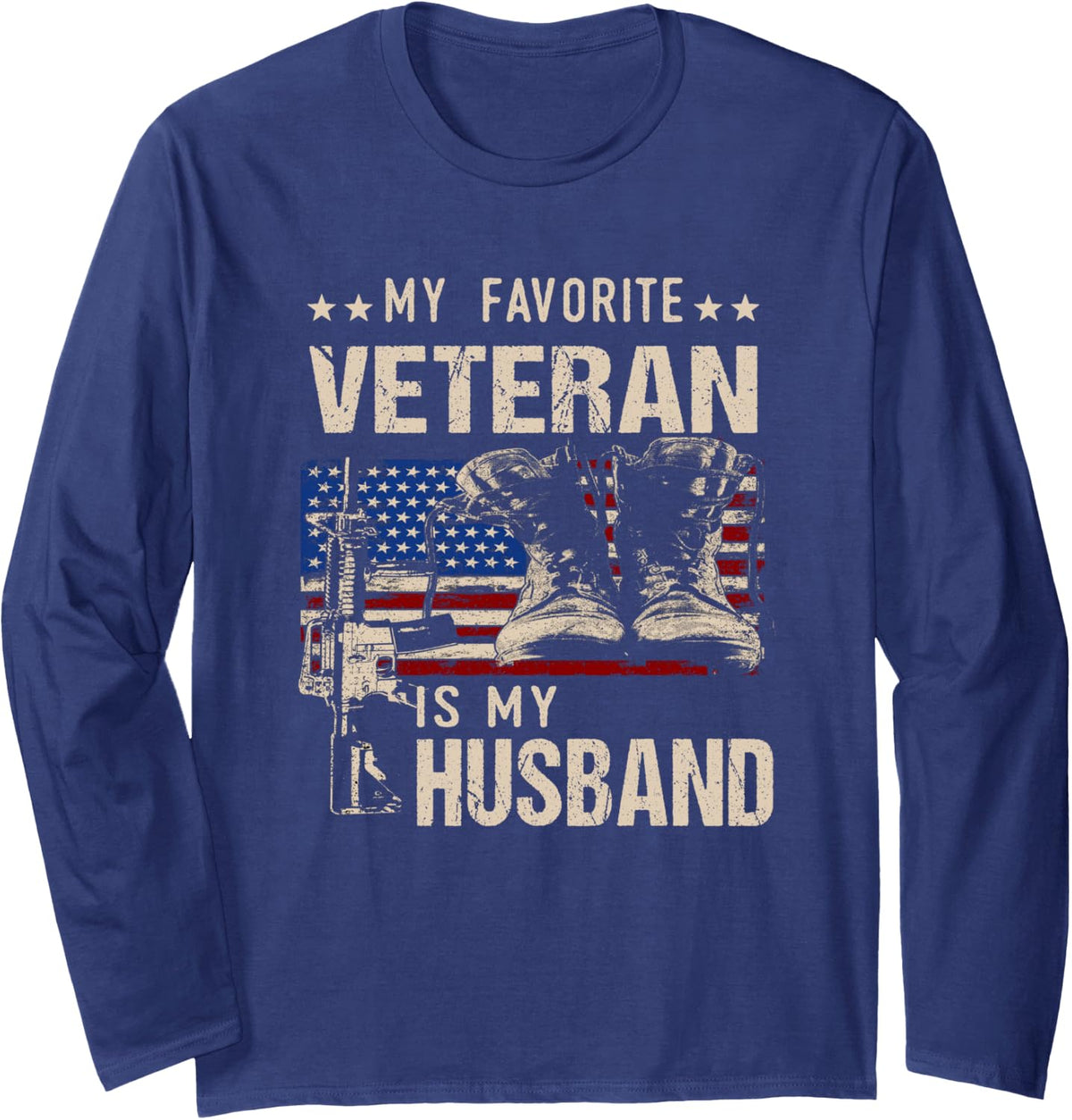 Veterans Wives Shirts My Favorite Veteran Is My Husband Long Sleeve T-Shirt - Adult Unisex Navy Blue