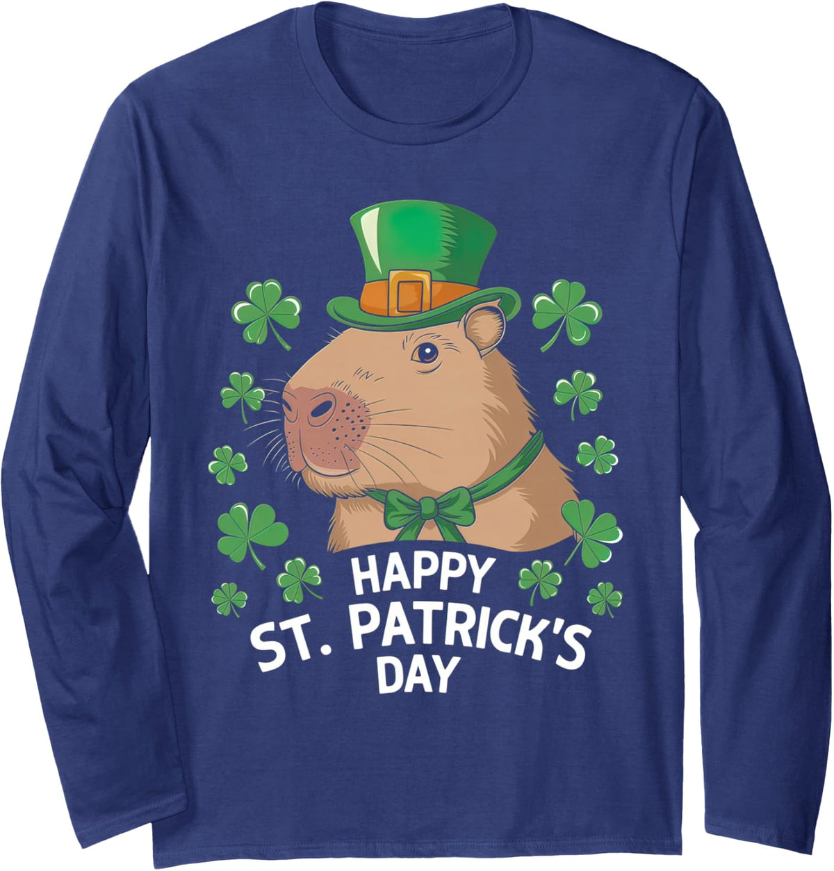 Funny Happy St Patricks Day Capybara Saint Pattys Kid Girl Long Sleeve T-Shirt - Adult Unisex Navy Blue