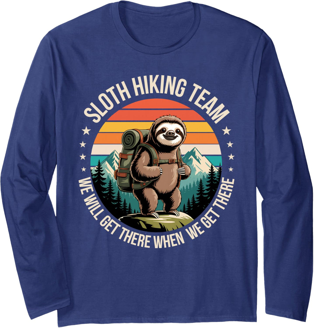 Funny Sloth Hiking Team Nature Lovers Long Sleeve T-Shirt - Adult Unisex Navy Blue