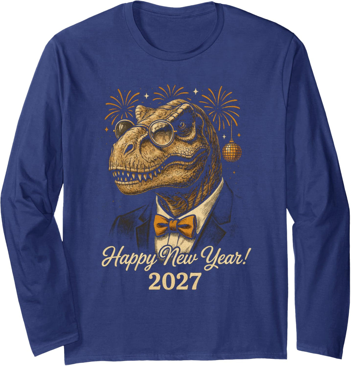 Funny Dinosaur Happy New Year 2027 Retro Party Celebration Long Sleeve T-Shirt - Adult Unisex Navy Blue