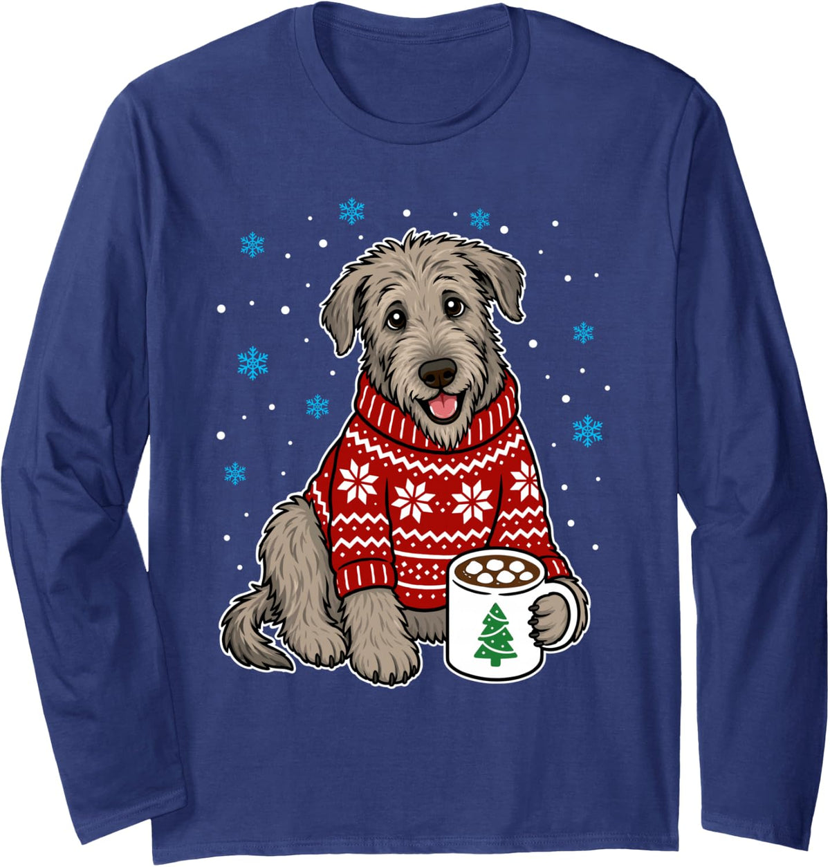Irish Wolfhound in Christmas Sweater Funny Irish Wolfhound Long Sleeve T-Shirt - Adult Unisex Navy Blue