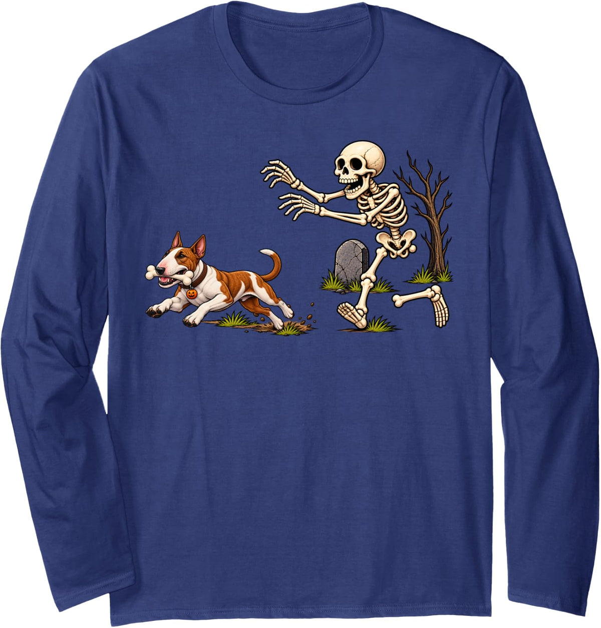 Funny Bull Terrier Dog Stealing Bone from Skeleton Halloween Long Sleeve T-Shirt - Adult Unisex Navy Blue