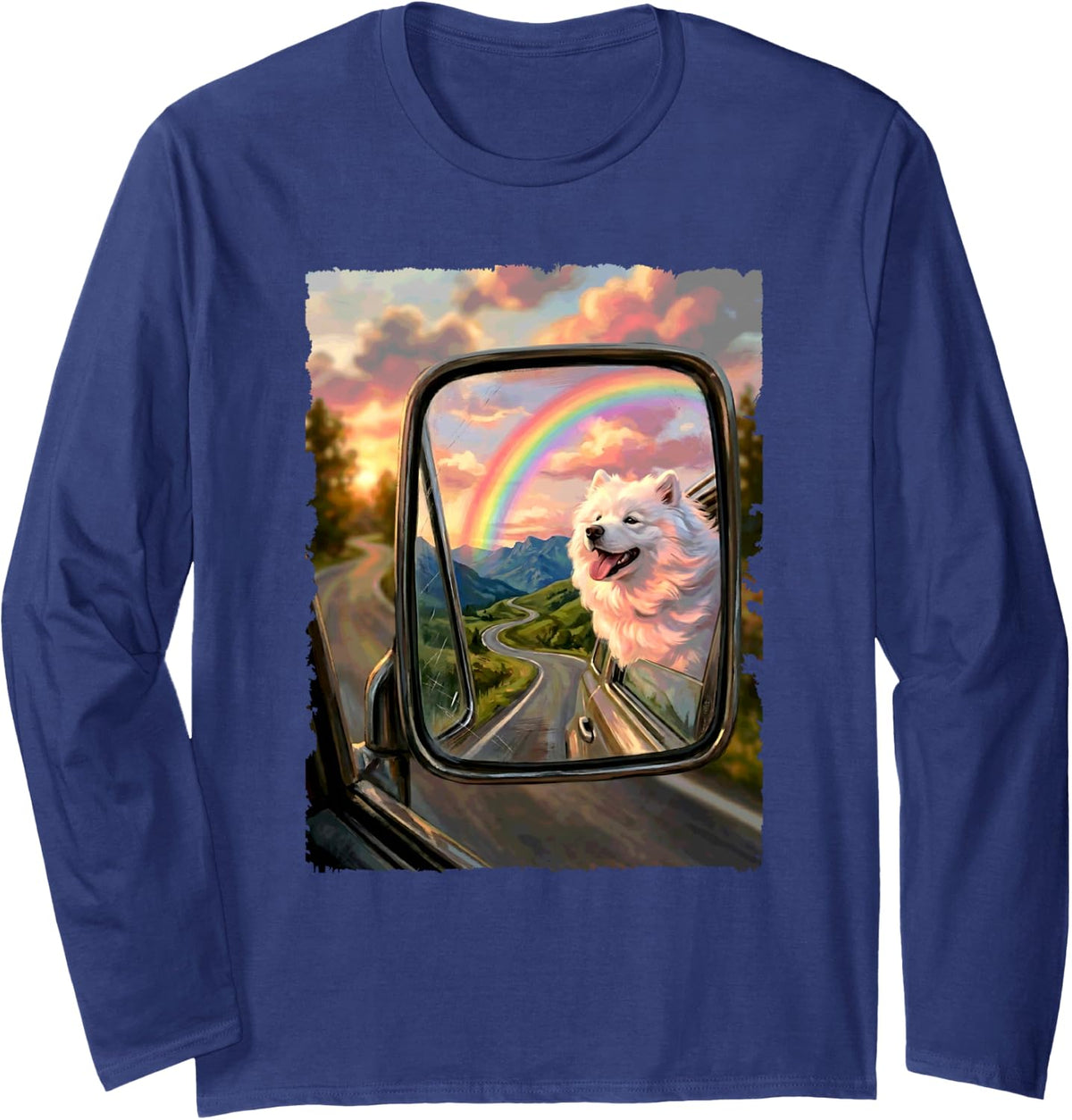Samoyed in Rear View Mirror Dog Lover Long Sleeve T-Shirt - Adult Unisex Navy Blue