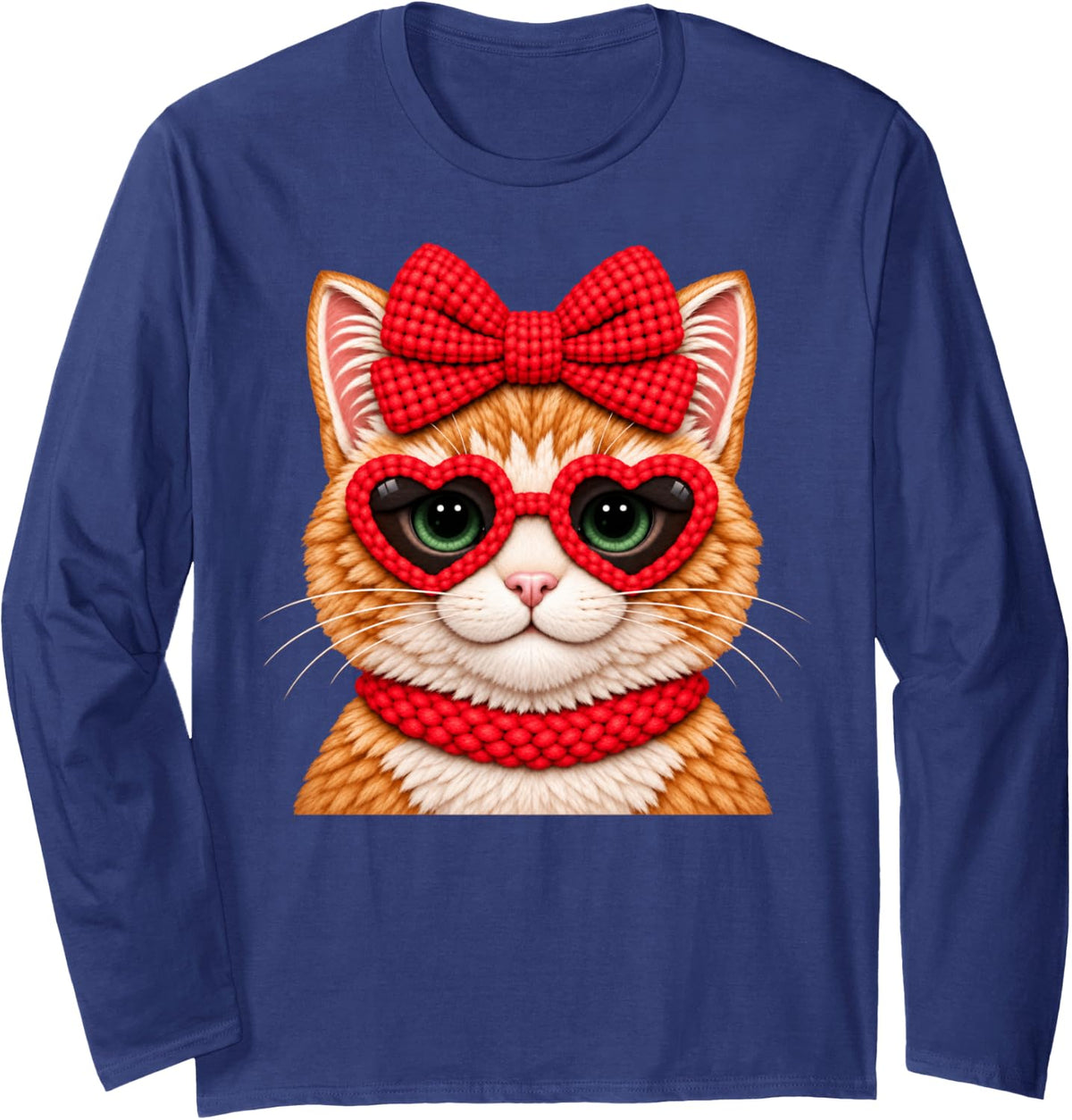 Orange Tabby Red Bow Heart Sunglasses Cute Cat Valentine Long Sleeve T-Shirt - Adult Unisex Navy Blue