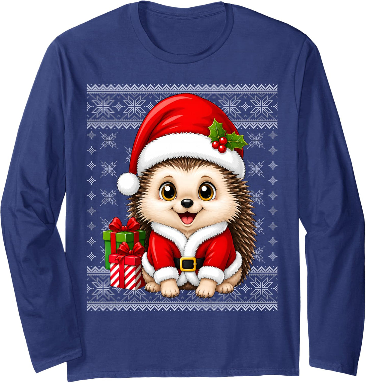 Cute Hedgehog in Christmas Santa Costume Ugly Sweaters Xmas Long Sleeve T-Shirt - Adult Unisex Navy Blue