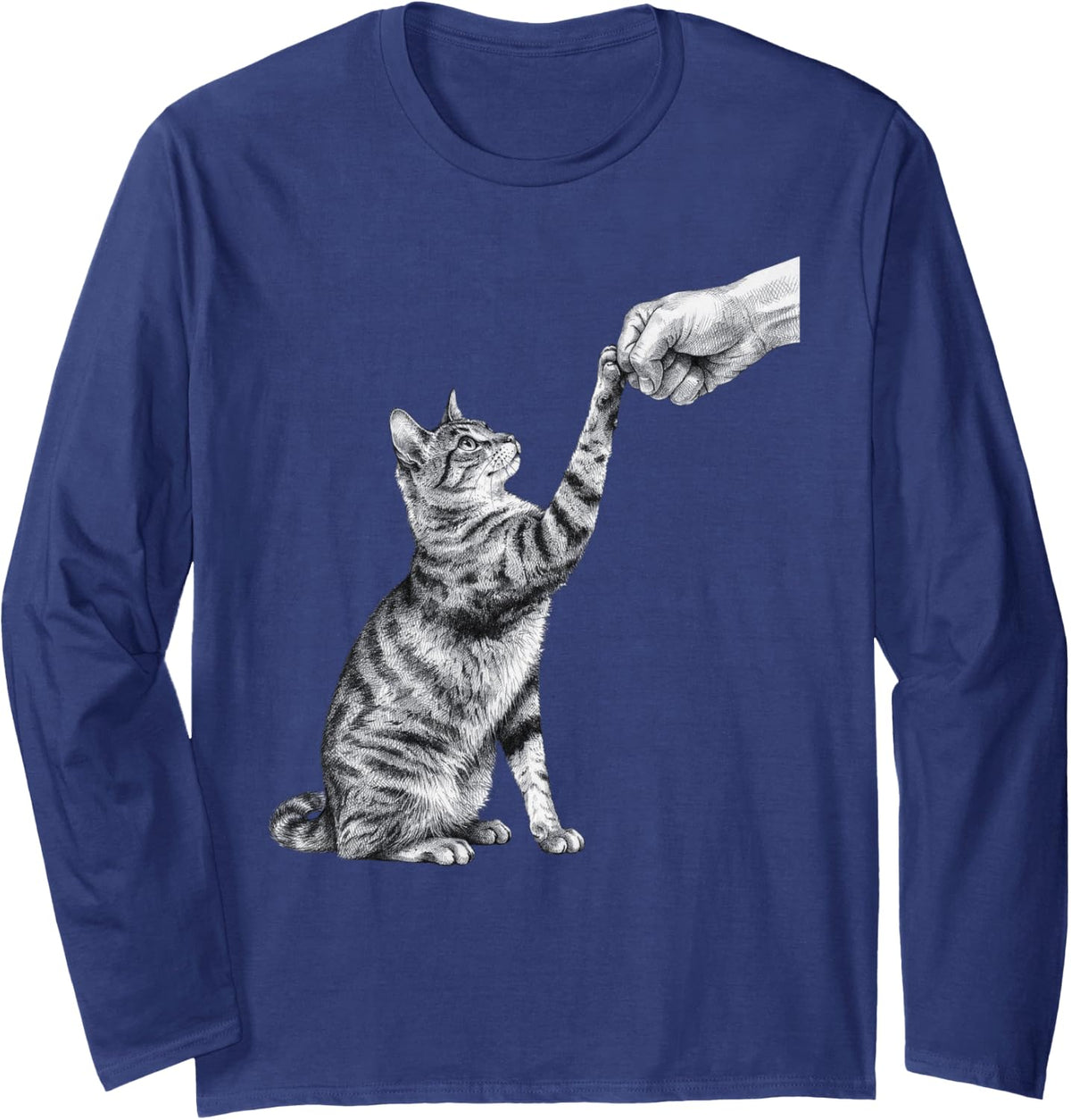 Tabby Cat Fist Bump Human Hand Funny Cat Lover Art Long Sleeve T-Shirt - Adult Unisex Navy Blue