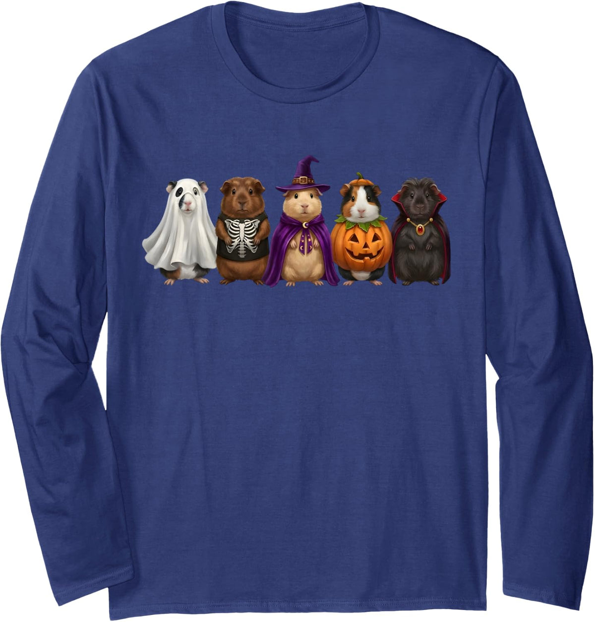 Creepy Guinea Pigs Halloween Spooky Ghost Vampire Guinea Pig Long Sleeve T-Shirt - Adult Unisex Navy Blue