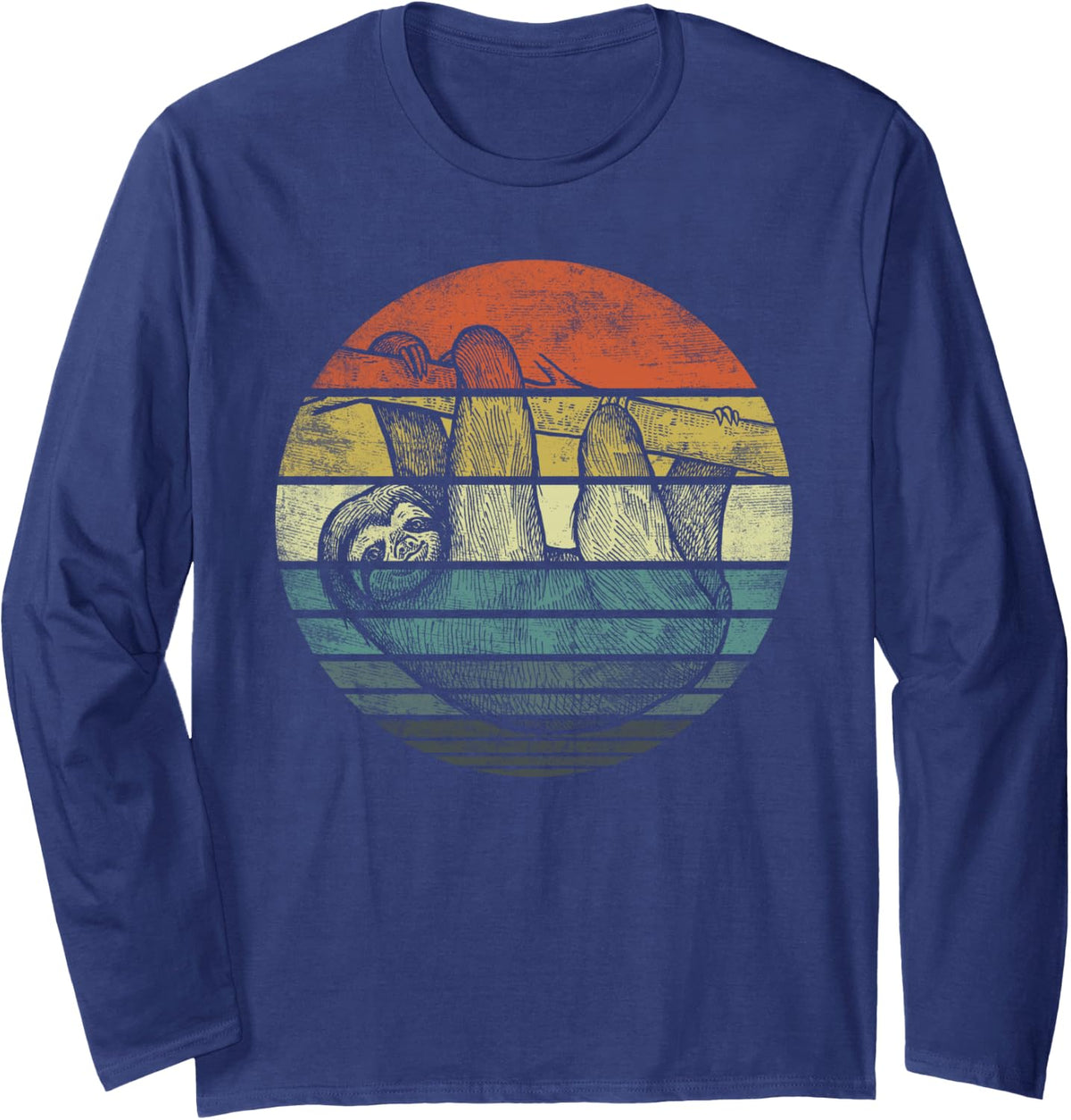 Sloth Lover Gifts Retro Sunset Funny Animal Sloth Silhouette Long Sleeve T-Shirt - Adult Unisex Navy Blue