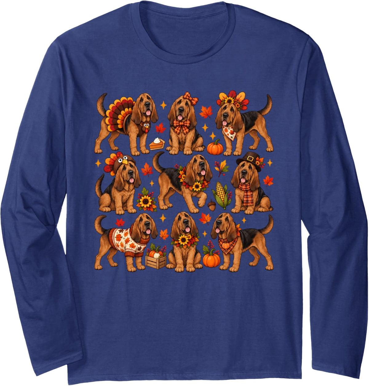 Cute Bloodhound Dog Turkey Thanksgiving Fall Autumn Costume Long Sleeve T-Shirt - Adult Unisex Navy Blue
