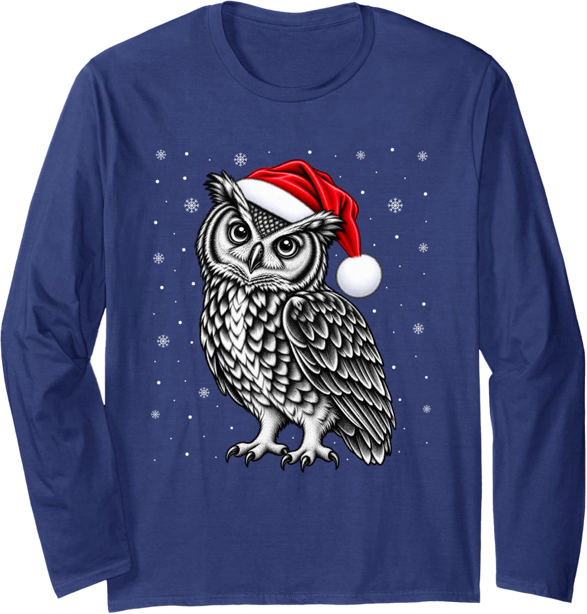 Owl Christmas Santa Hat Snowflakes Holiday Bird Long Sleeve T-Shirt - Adult Unisex Navy Blue