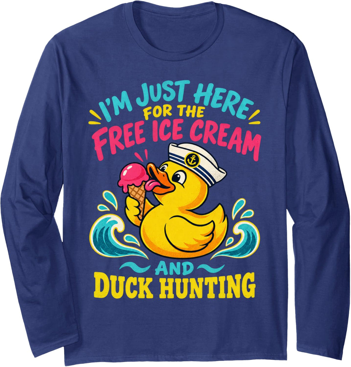 Duck Hunting Retro Screen Print Duck Lover Long Sleeve T-Shirt - Adult Unisex Navy Blue