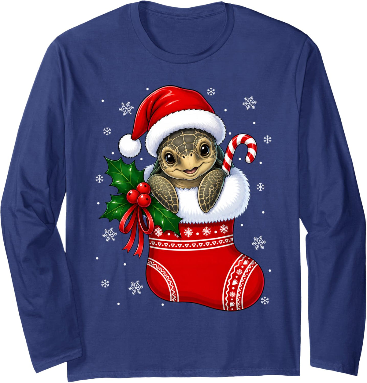 Sea Turtle Christmas Stocking Cute Festive Holiday Xmas Long Sleeve T-Shirt - Adult Unisex Navy Blue