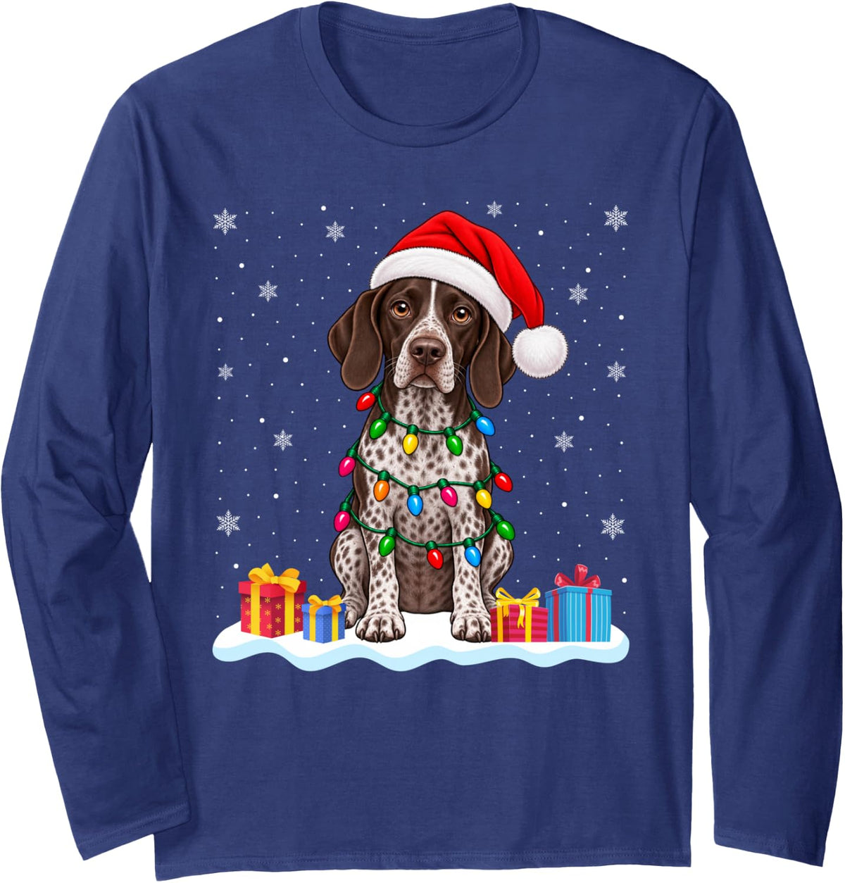 Funny German Shorthaired Pointer Christmas Sweater Santa Hat Long Sleeve T-Shirt - Adult Unisex Navy Blue