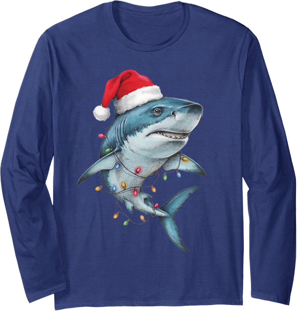 Shark Santa Hat Funny Christmas Animal Lover Mom Dad Long Sleeve T-Shirt - Adult Unisex Navy Blue