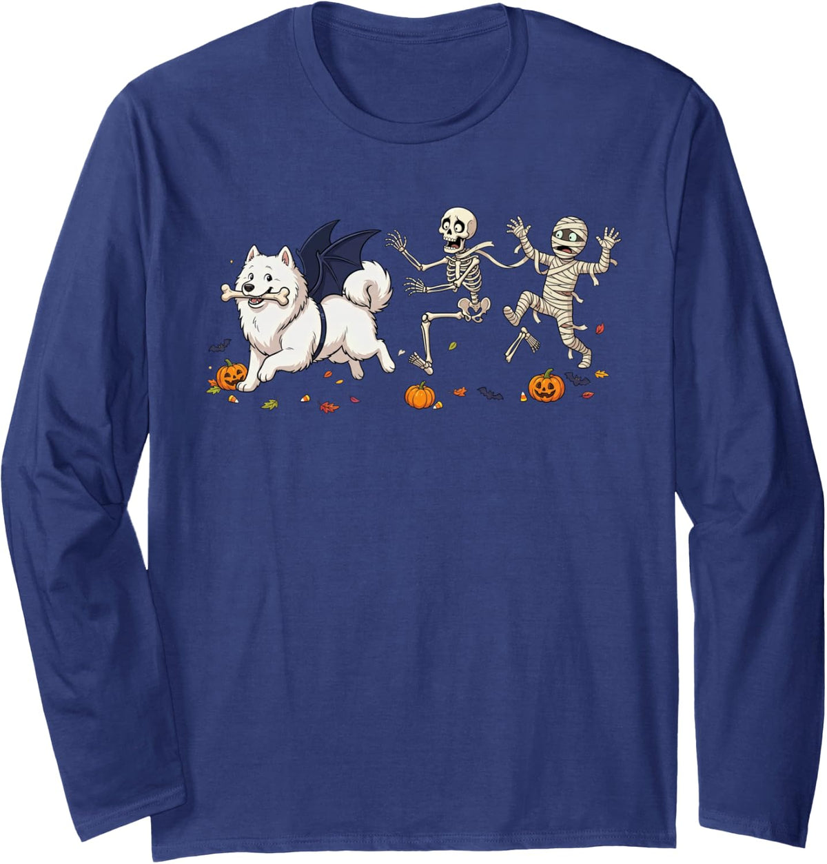 Funny Samoyed Skeleton Mummy Halloween Kids Mens Womens Long Sleeve T-Shirt - Adult Unisex Navy Blue