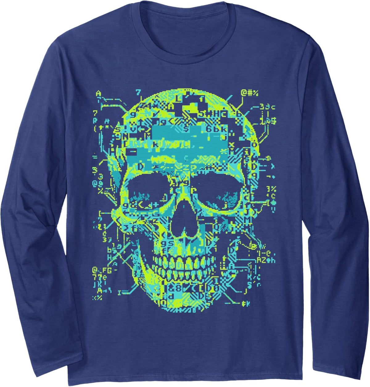 ASCII Glitch Skull Cyberpunk Code Art Long Sleeve T-Shirt - Adult Unisex Navy Blue