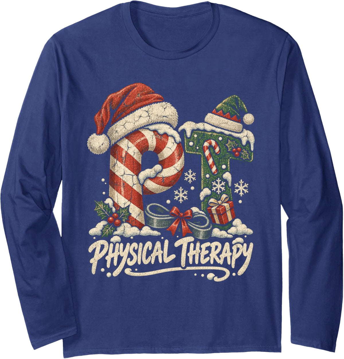 Christmas Physical Therapy Pt Long Sleeve T-Shirt - Adult Unisex Navy Blue