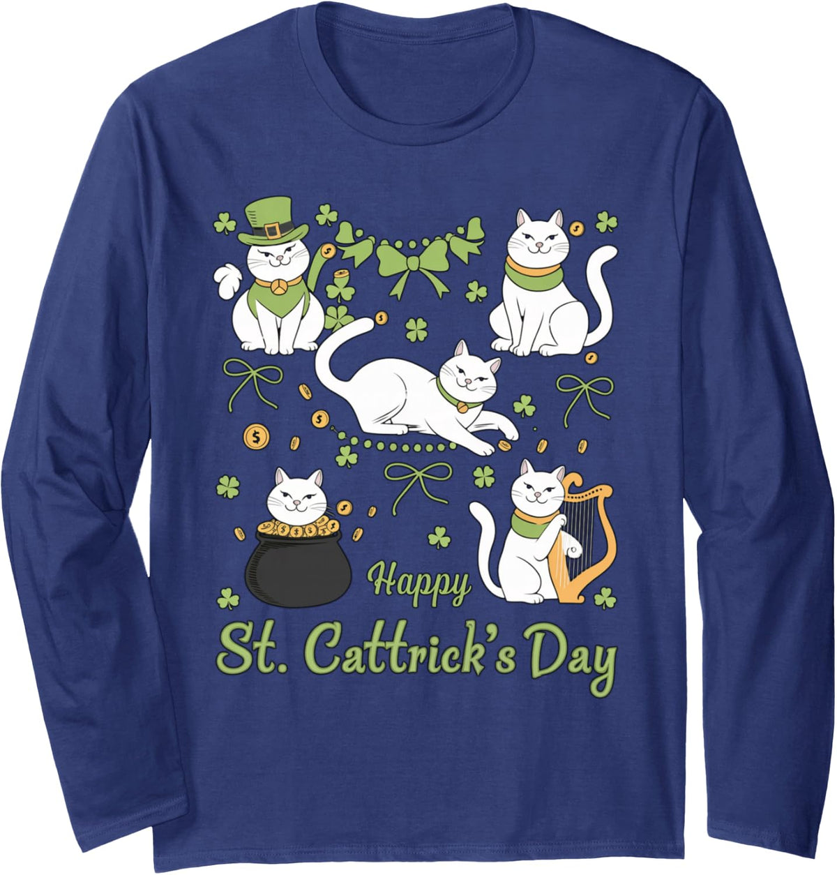 Happy St Cattrick's Day Cute Cat St Patricks Day Long Sleeve T-Shirt - Adult Unisex Navy Blue