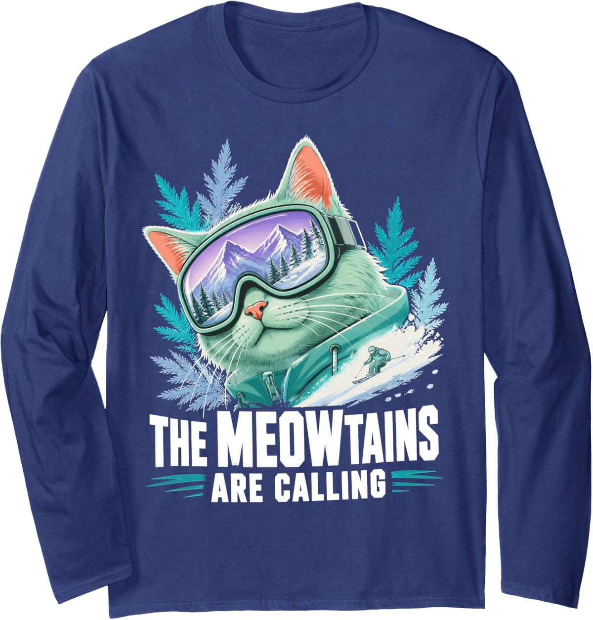 Skiing Cat Ski Club Winter Sports Skier Long Sleeve T-Shirt - Adult Unisex Navy Blue