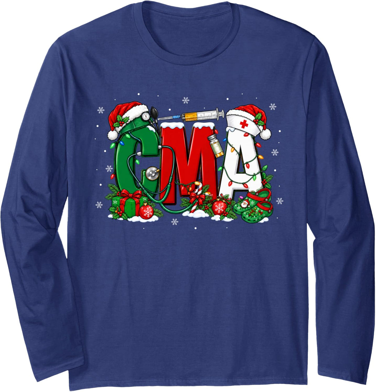 CMA Nursing Christmas Medical Assistant Winter Xmas Pajamas Long Sleeve T-Shirt - Adult Unisex Navy Blue