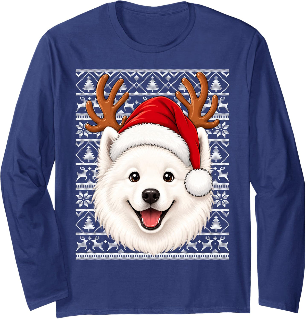Samoyed Dog Christmas Santa Hat Ugly Sweaters Samoyed Xmas Long Sleeve T-Shirt - Adult Unisex Navy Blue