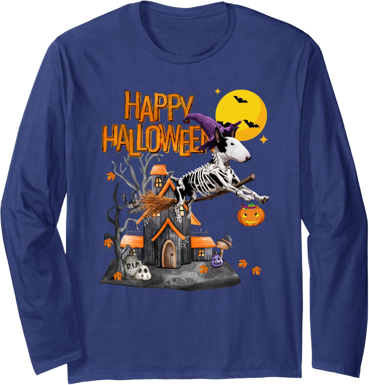 Funny Witch Bull Terrier Spooky Dog Lover Halloween Long Sleeve T-Shirt - Adult Unisex Navy Blue