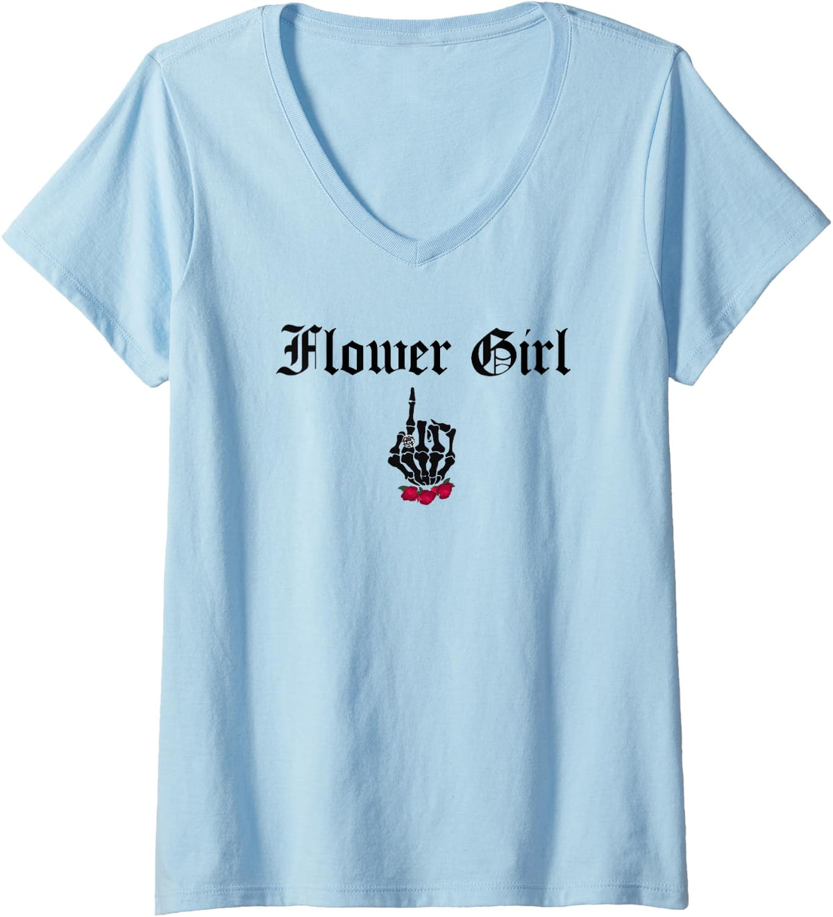 Women's Flower Girl Skull Roses Gothic Goth Bride Wedding V-Neck T-Shirt - Baby Blue