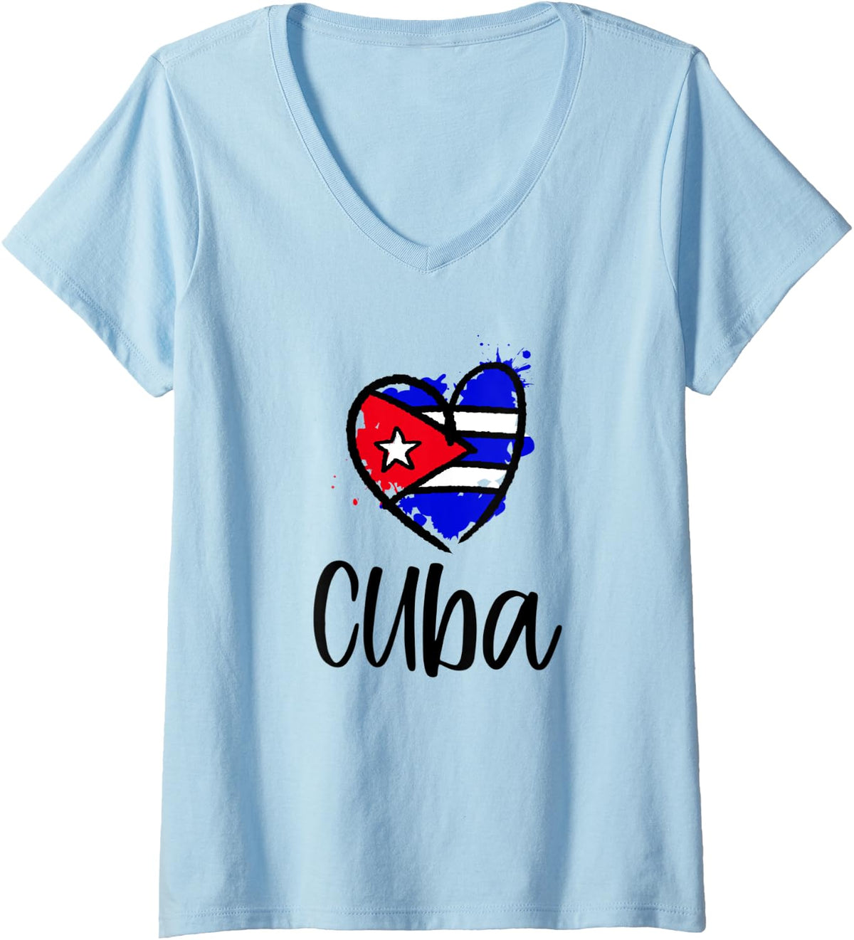 Womens Cuba Heart Flag Cute Northern America Spanish Cuban Gift V-Neck T-Shirt - Baby Blue