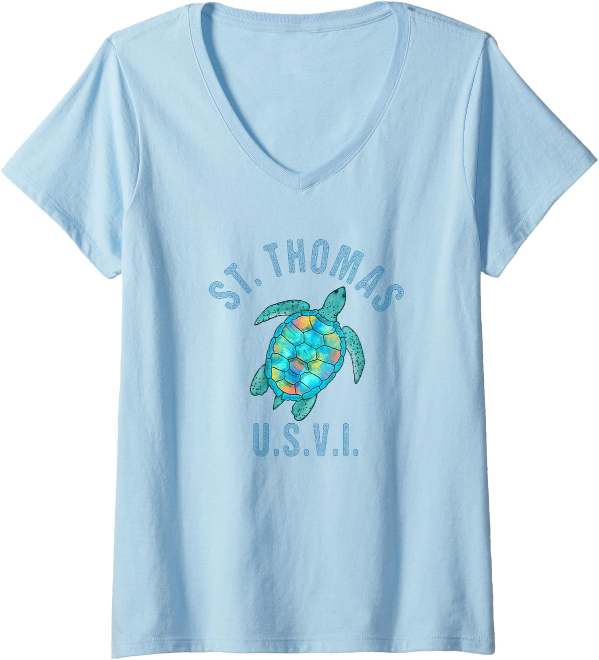 Womens St Thomas, USVI Beach Design / Sea Turtle Illustration Gift V-Neck T-Shirt - Baby Blue