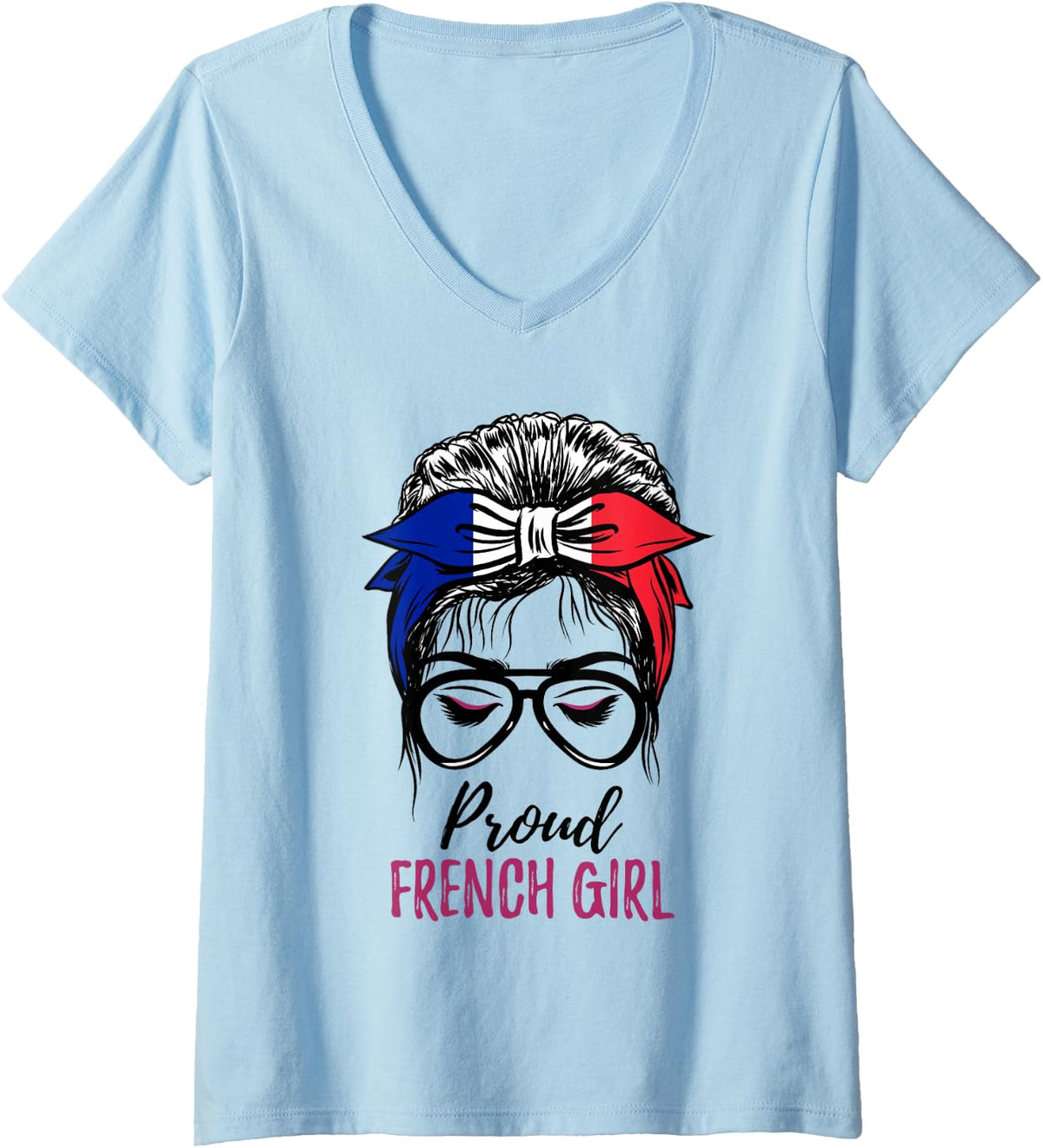Women's Messy Bun France Flag Proud French Girl V-Neck T-Shirt - Baby Blue